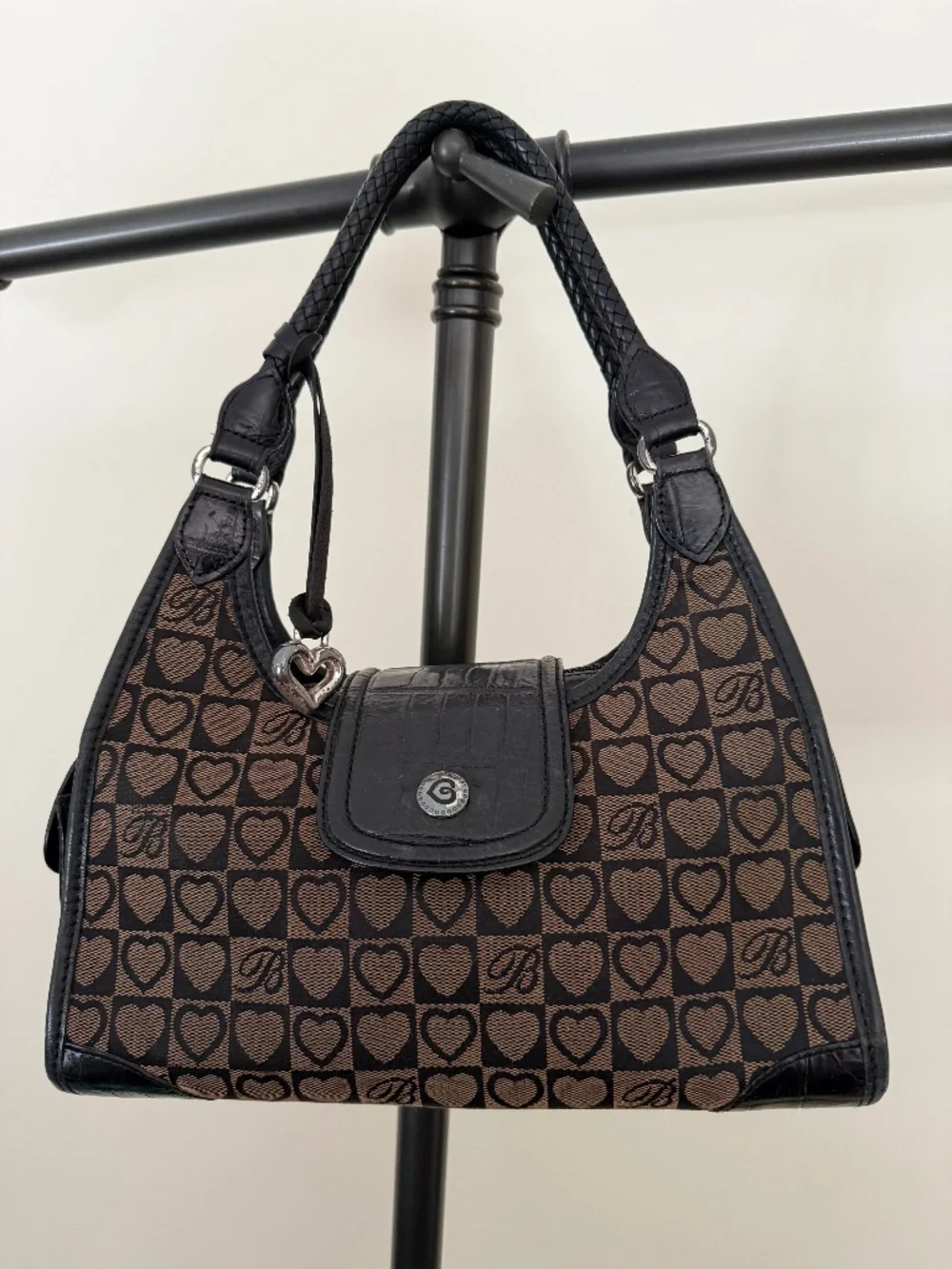 Vintage Brighton Jamie Signature Heart Canvas Hobo Bag Brown Black